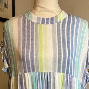 BigHit Womens Boutique tiered babydoll dress sz L blue green white stripes